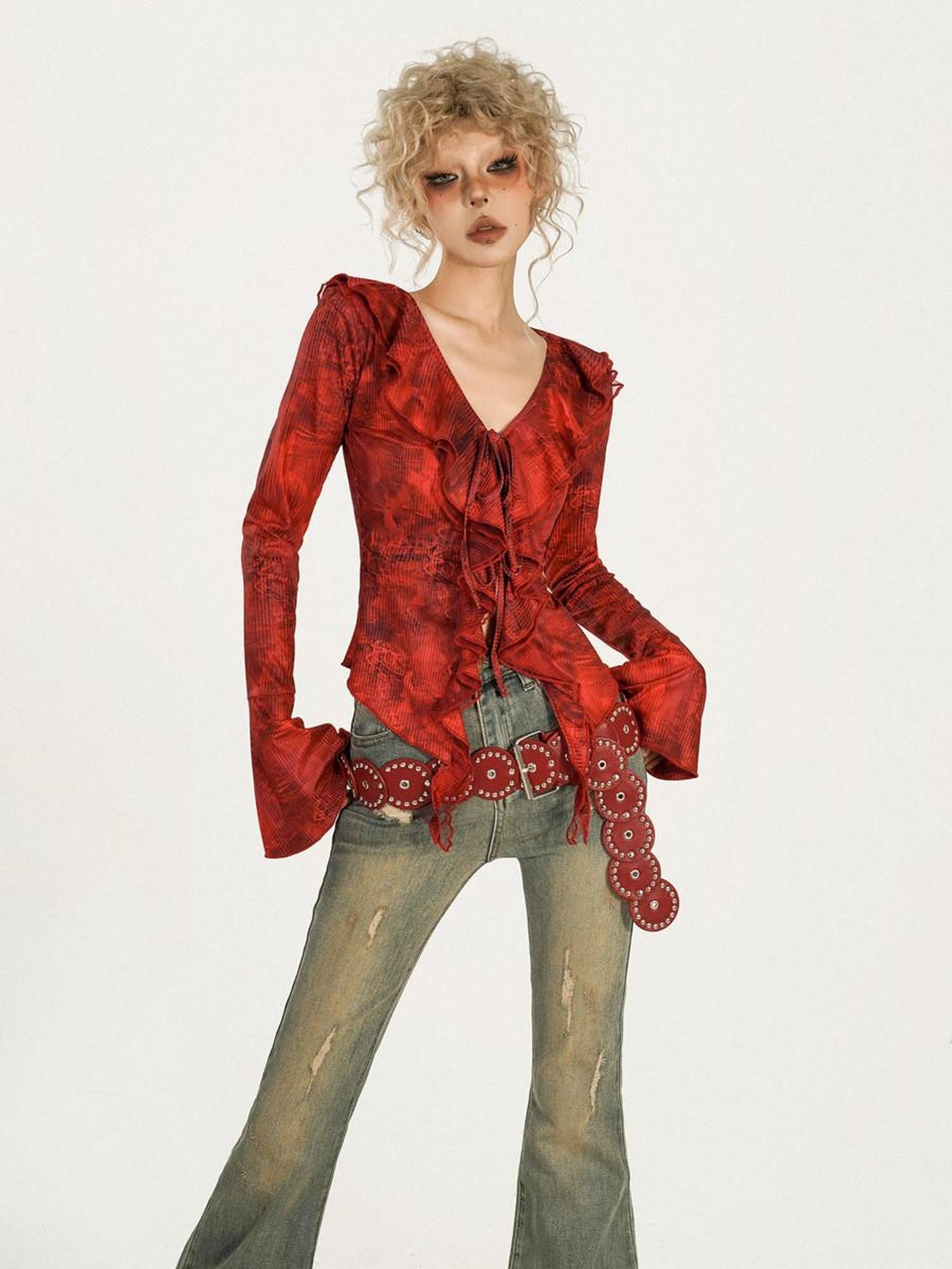 Nico Molly Red Ombre Tie Front V-neck Bell Sleeve Print Women's Poly Cotton Blouses