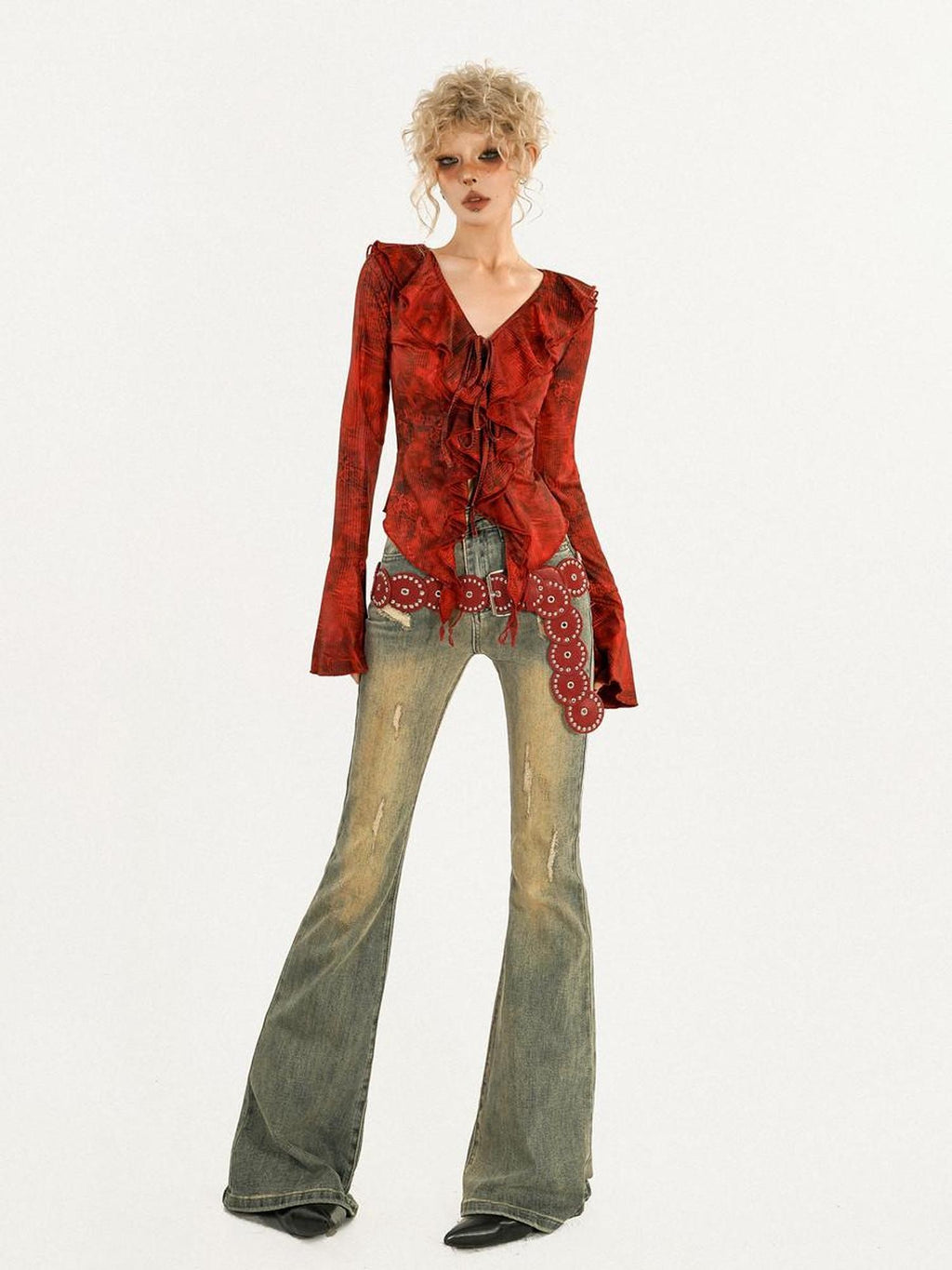 Nico Molly Red Ombre Tie Front V-neck Bell Sleeve Print Women's Poly Cotton Blouses