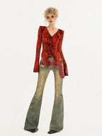 Nico Molly Red Ombre Tie Front V-neck Bell Sleeve Print Women's Poly Cotton Blouses