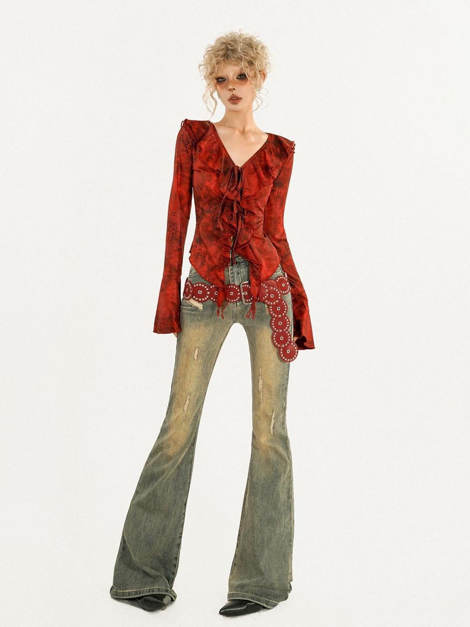 Nico Molly Red Ombre Tie Front V-neck Bell Sleeve Print Women's Poly Cotton Blouses