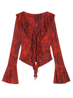 Nico Molly Red Ombre Tie Front V-neck Bell Sleeve Print Women's Poly Cotton Blouses
