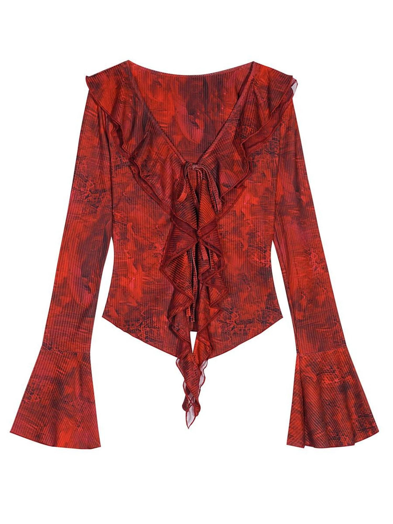Nico Molly Red Ombre Tie Front V-neck Bell Sleeve Print Women's Poly Cotton Blouses