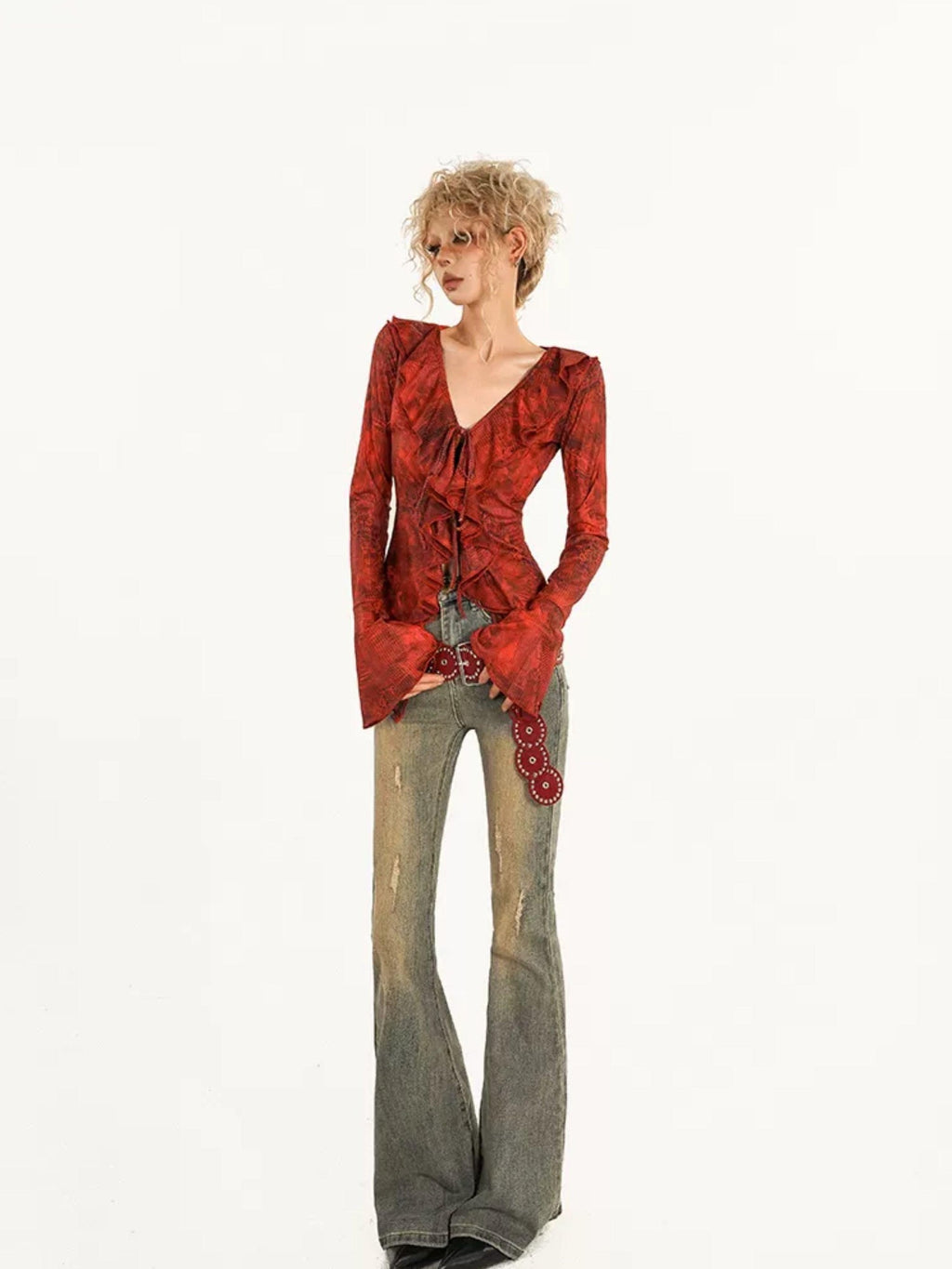 Nico Molly Red Ombre Tie Front V-neck Bell Sleeve Print Women's Poly Cotton Blouses