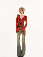 Nico Molly Red Ombre Tie Front V-neck Bell Sleeve Print Women's Poly Cotton Blouses