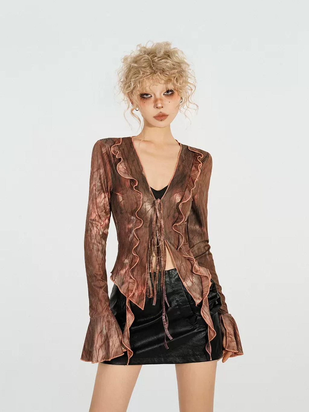 Nico Molly Red Ombre Tie Front V-neck Bell Sleeve Print Women's Poly Cotton Blouses
