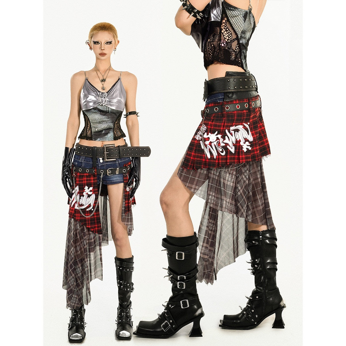 Nico_Molly_Red_Plaid_Patchwork_Punk_Waist_Belt_Back_Flap_Women's_Maxi_Skirts_902172186972_MISSTT