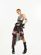 Nico Molly Red Plaid Patchwork Punk Waist Belt Back Flap Women's Maxi Skirts