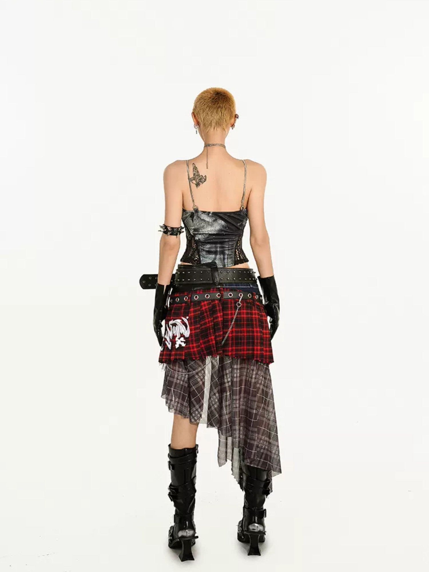 Nico Molly Red Plaid Patchwork Punk Waist Belt Back Flap Women's Maxi Skirts