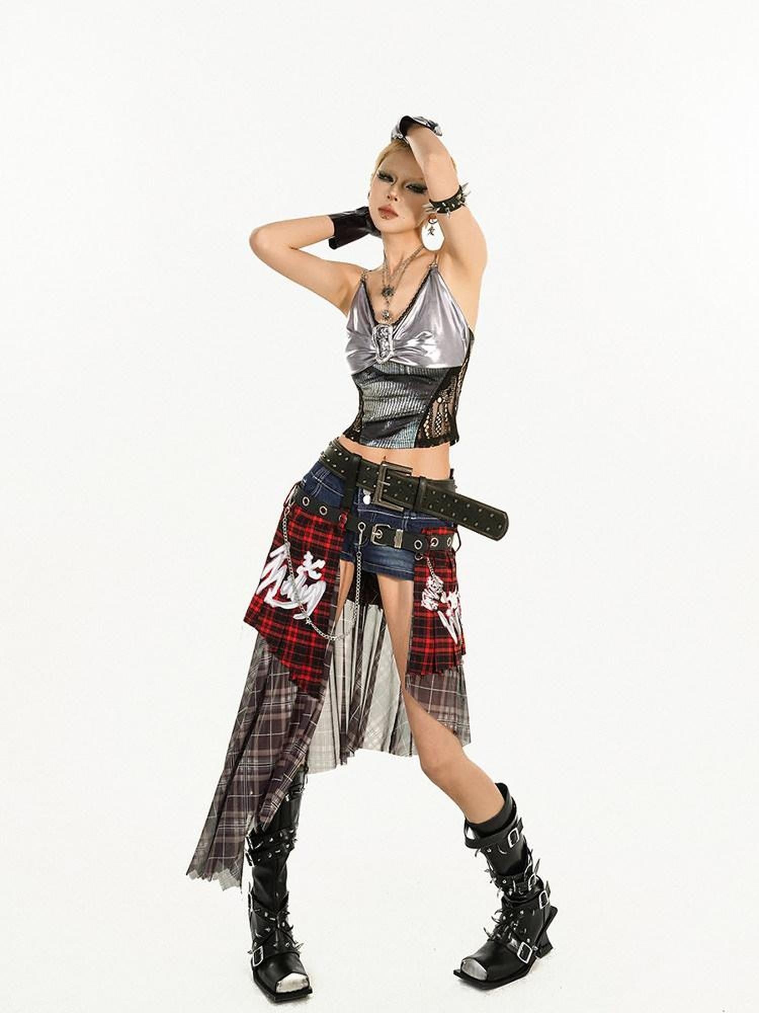 Nico Molly Red Plaid Patchwork Punk Waist Belt Back Flap Women's Maxi Skirts