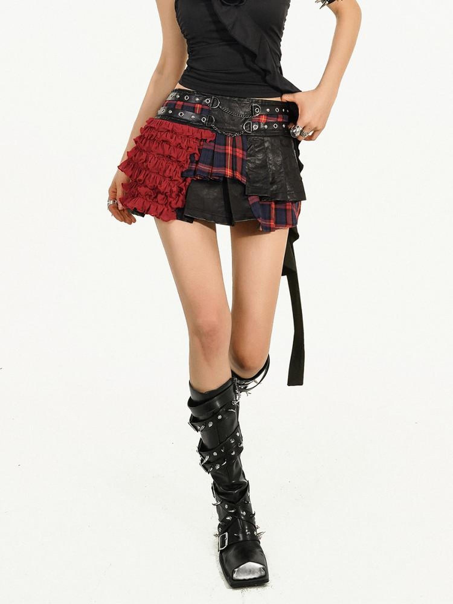 Nico Molly Red Plaid Pleated Patchwork Zipper Applique Punk Women's Other Mini Skirts