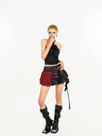 Nico Molly Red Plaid Pleated Patchwork Zipper Applique Punk Women's Other Mini Skirts