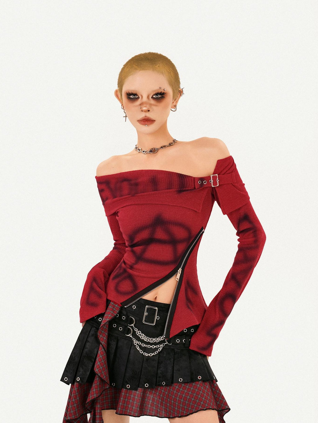 Nico Molly Red Printed Off Shoulder Slim Fit Women's Long Sleeve T-shirts