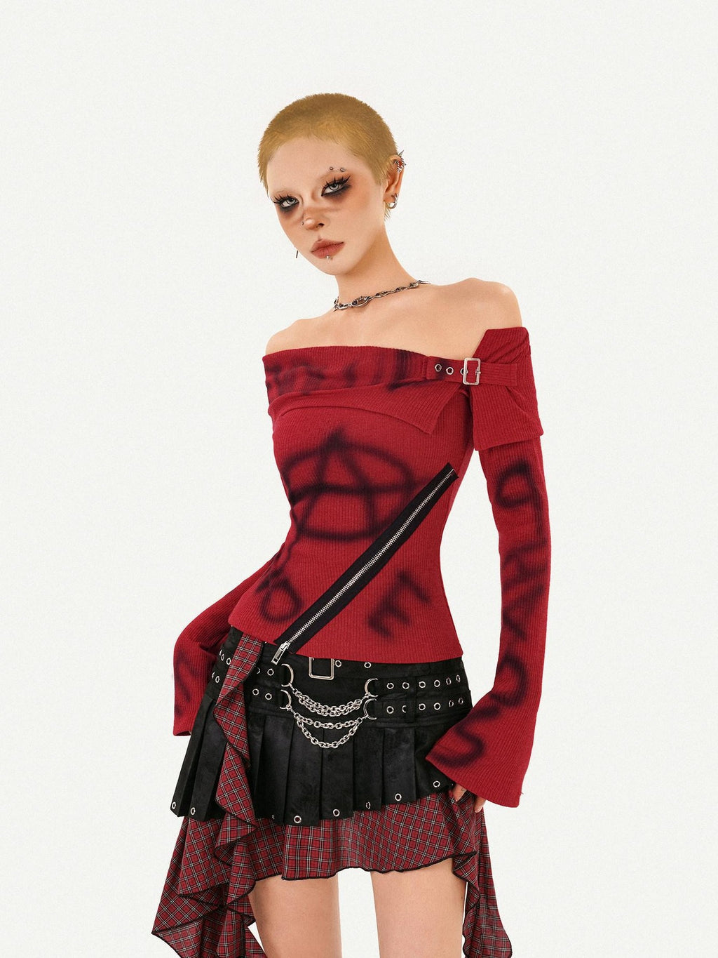 Nico Molly Red Printed Off Shoulder Slim Fit Women's Long Sleeve T-shirts