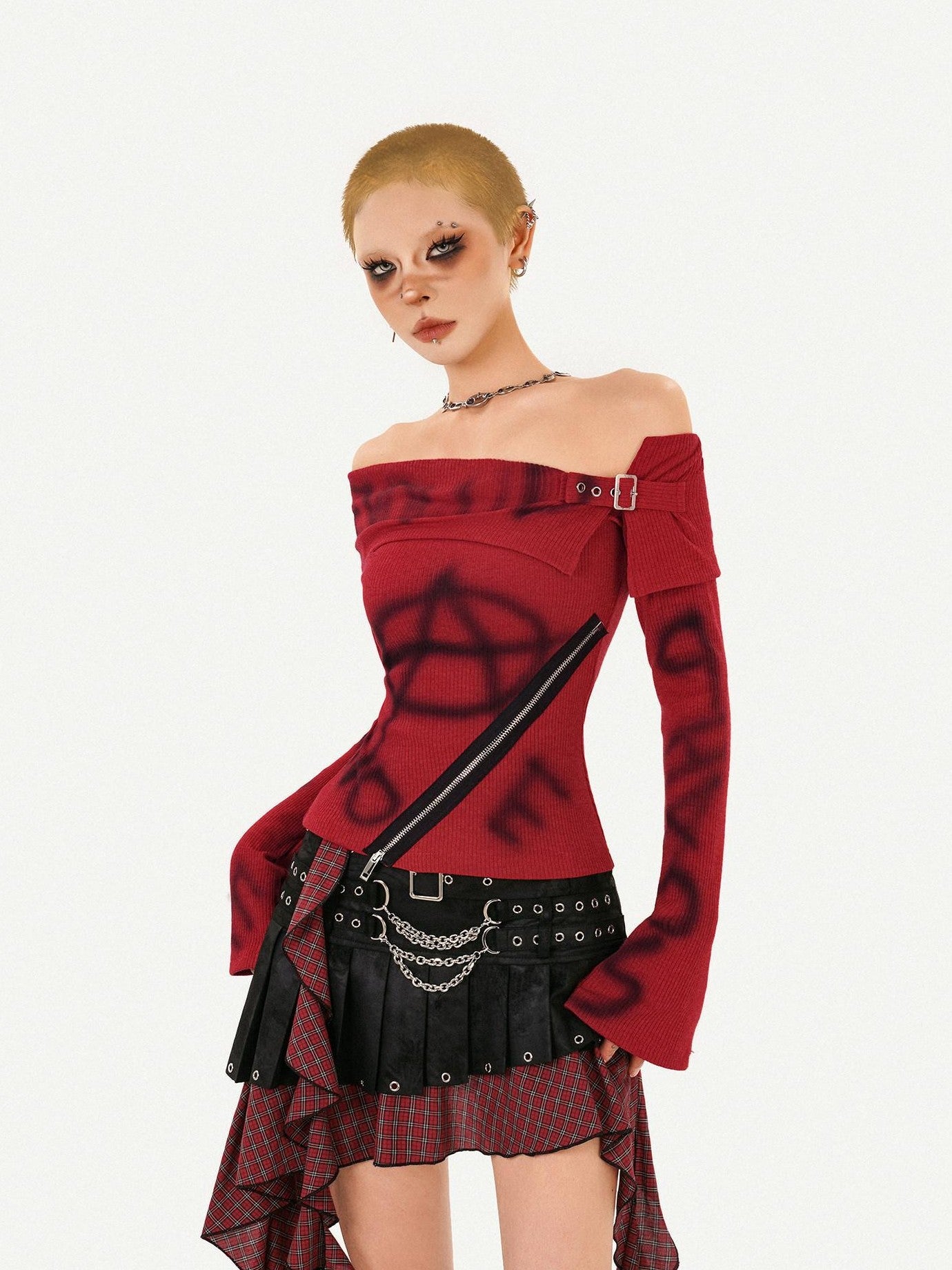 Nico Molly Red Printed Off Shoulder Slim Fit Women's Long Sleeve T-shirts