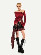 Nico Molly Red Printed Off Shoulder Slim Fit Women's Long Sleeve T-shirts