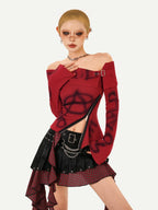 Nico Molly Red Printed Off Shoulder Slim Fit Women's Long Sleeve T-shirts