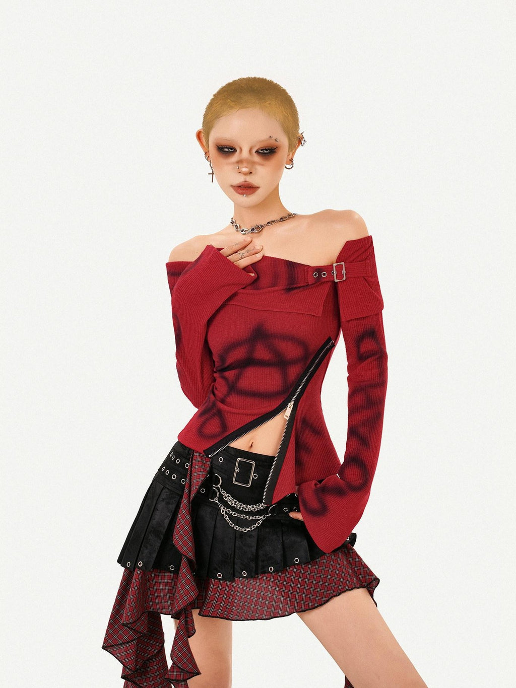 Nico Molly Red Printed Off Shoulder Slim Fit Women's Long Sleeve T-shirts