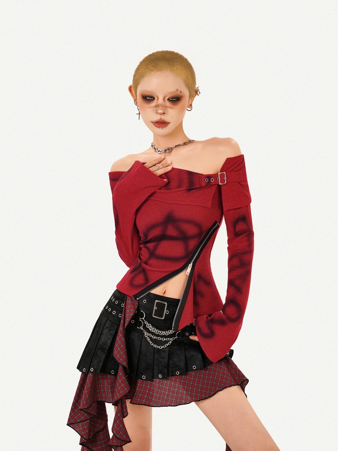 Nico Molly Red Printed Off Shoulder Slim Fit Women's Long Sleeve T-shirts
