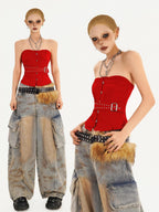 Nico Molly Red Studded Boned Corset Backless Women's Tube Tops / Bandeaus