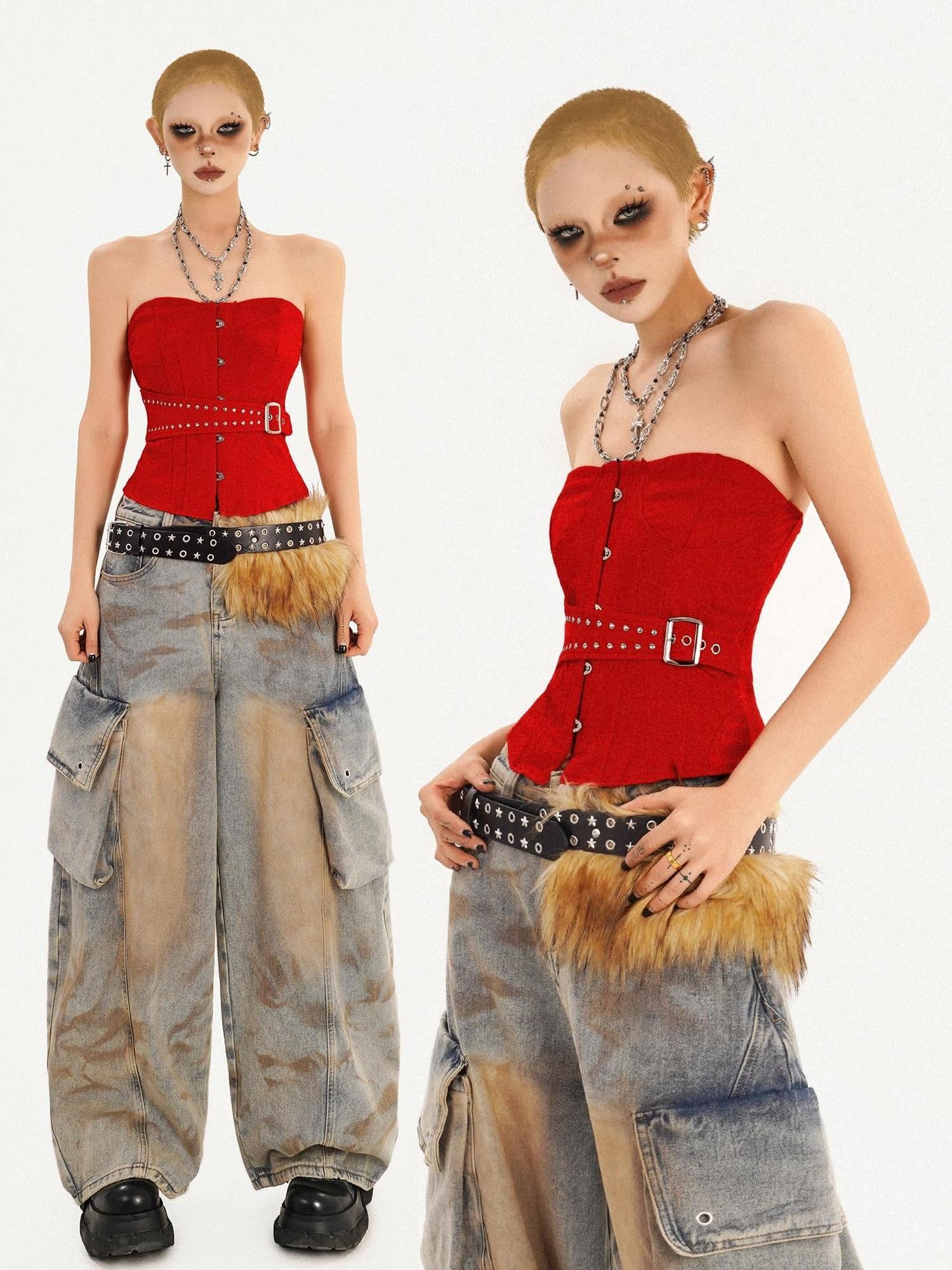 Nico Molly Red Studded Boned Corset Backless Women's Tube Tops / Bandeaus