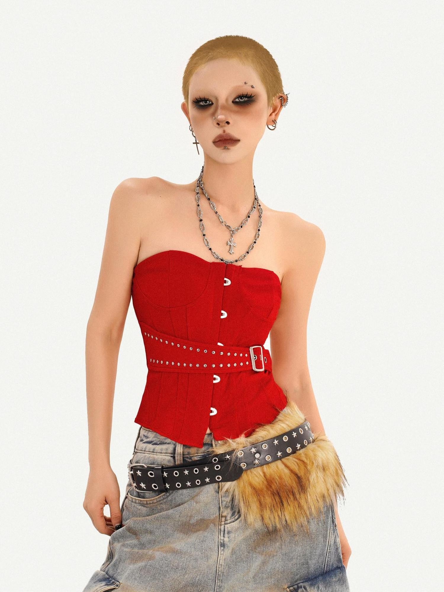 Nico Molly Red Studded Boned Corset Backless Women's Tube Tops / Bandeaus