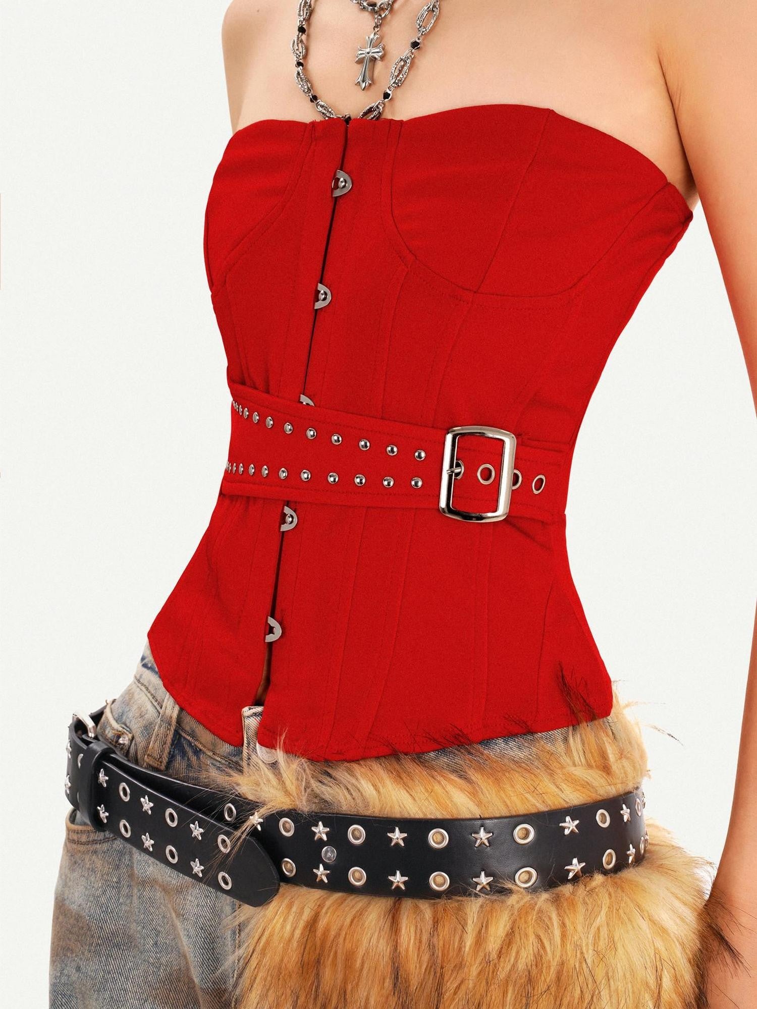 Nico Molly Red Studded Boned Corset Backless Women's Tube Tops / Bandeaus