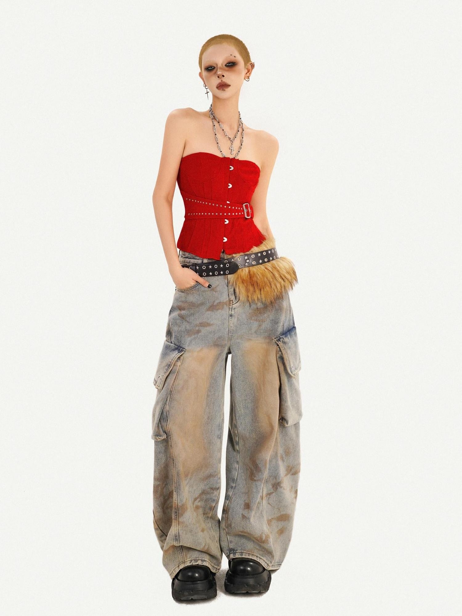 Nico Molly Red Studded Boned Corset Backless Women's Tube Tops / Bandeaus