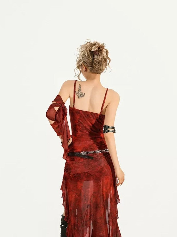 Nico Molly Red Tie Dye Irregular Hem Cinched Waist Women's Mesh Slip Maxi Dresses