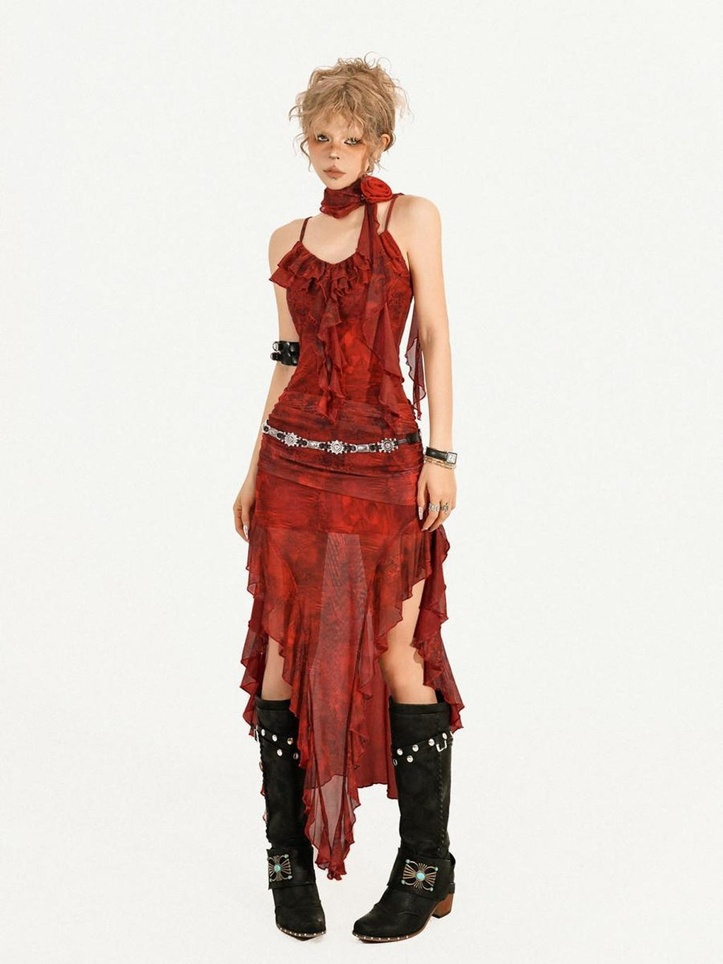 Nico Molly Red Tie Dye Irregular Hem Cinched Waist Women's Mesh Slip Maxi Dresses