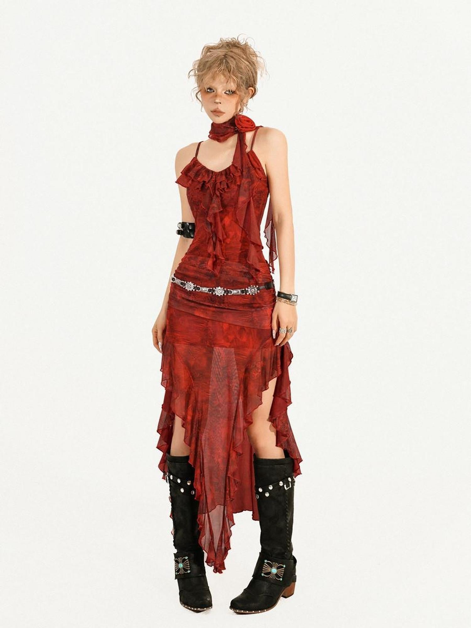 Nico Molly Red Tie Dye Irregular Hem Cinched Waist Women's Mesh Slip Maxi Dresses
