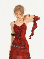 Nico Molly Red Tie Dye Irregular Hem Cinched Waist Women's Mesh Slip Maxi Dresses