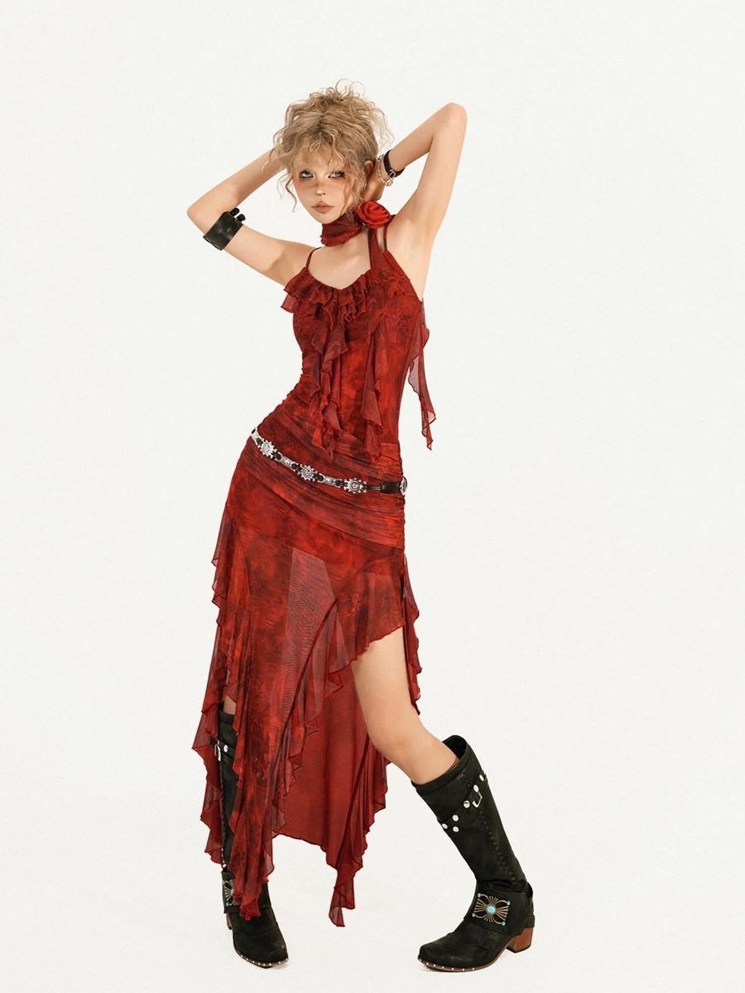 Nico Molly Red Tie Dye Irregular Hem Cinched Waist Women's Mesh Slip Maxi Dresses