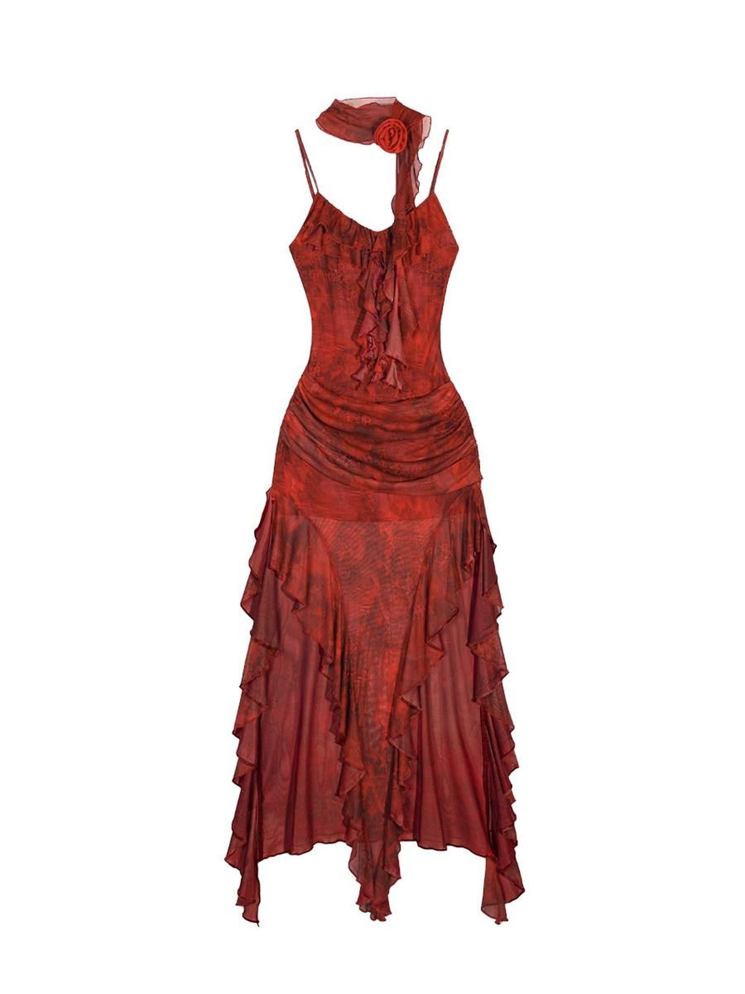 Nico Molly Red Tie Dye Irregular Hem Cinched Waist Women's Mesh Slip Maxi Dresses
