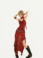 Nico Molly Red Tie Dye Irregular Hem Cinched Waist Women's Mesh Slip Maxi Dresses