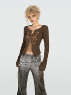 Nico Molly Retro Butterfly Applique Slim Tie Off Shoulder Women's Knit Long Sleeve T-shirts