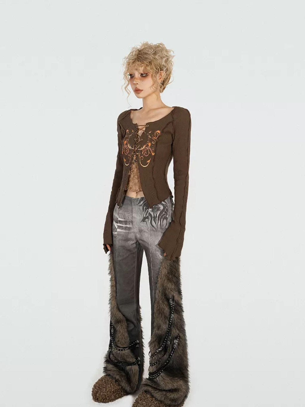Nico Molly Retro Butterfly Applique Slim Tie Off Shoulder Women's Knit Long Sleeve T-shirts