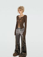 Nico Molly Retro Butterfly Applique Slim Tie Off Shoulder Women's Knit Long Sleeve T-shirts