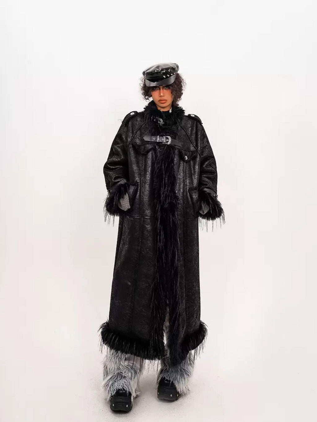 Nico Molly Retro Fur Collar Metal Button Women's Plush Patchwork Midlength Trench Coats