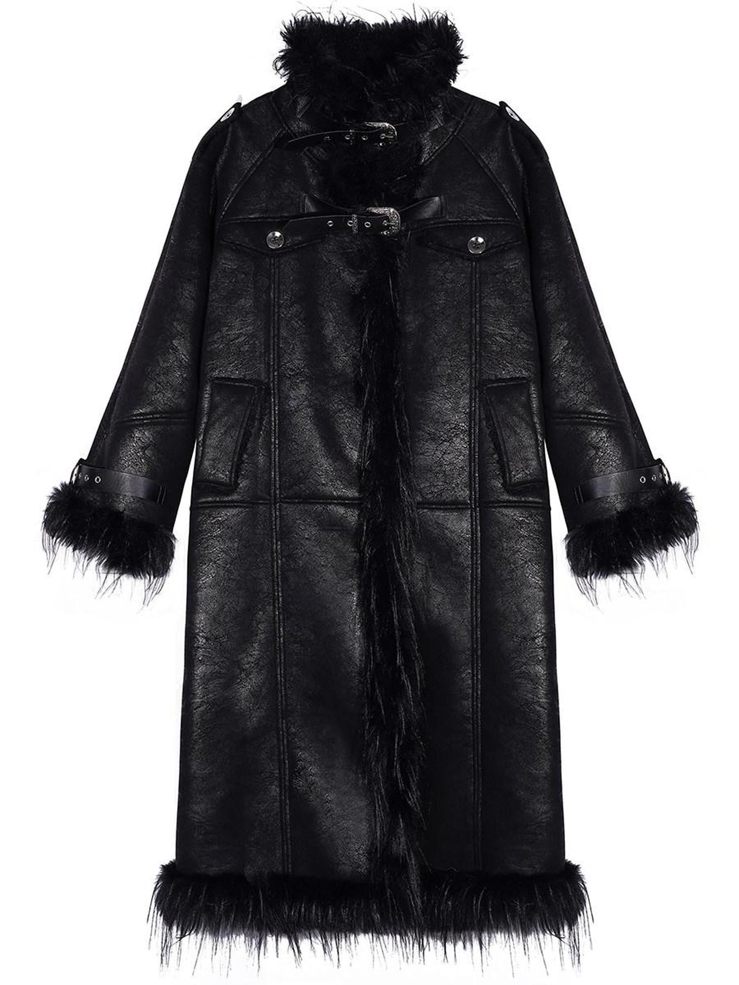 Nico Molly Retro Fur Collar Metal Button Women's Plush Patchwork Midlength Trench Coats