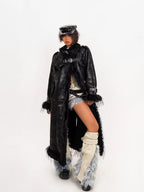 Nico Molly Retro Fur Collar Metal Button Women's Plush Patchwork Midlength Trench Coats