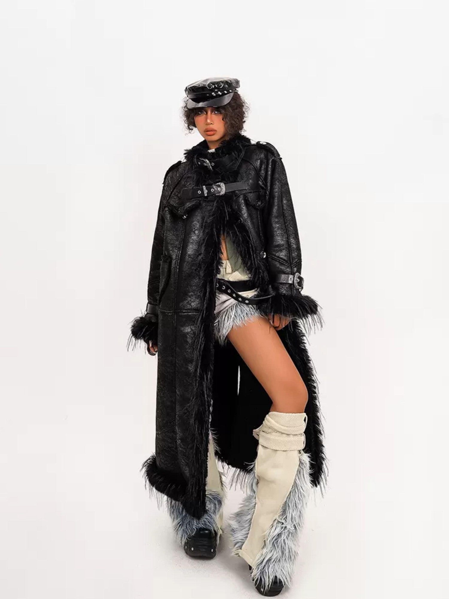 Nico Molly Retro Fur Collar Metal Button Women's Plush Patchwork Midlength Trench Coats