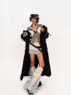 Nico Molly Retro Fur Collar Metal Button Women's Plush Patchwork Midlength Trench Coats