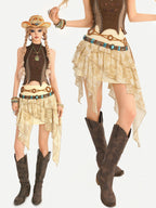 Nico Molly Retro Hippie Asymmetric High Waist Cake Skirt Women's Top & Skirt Sets