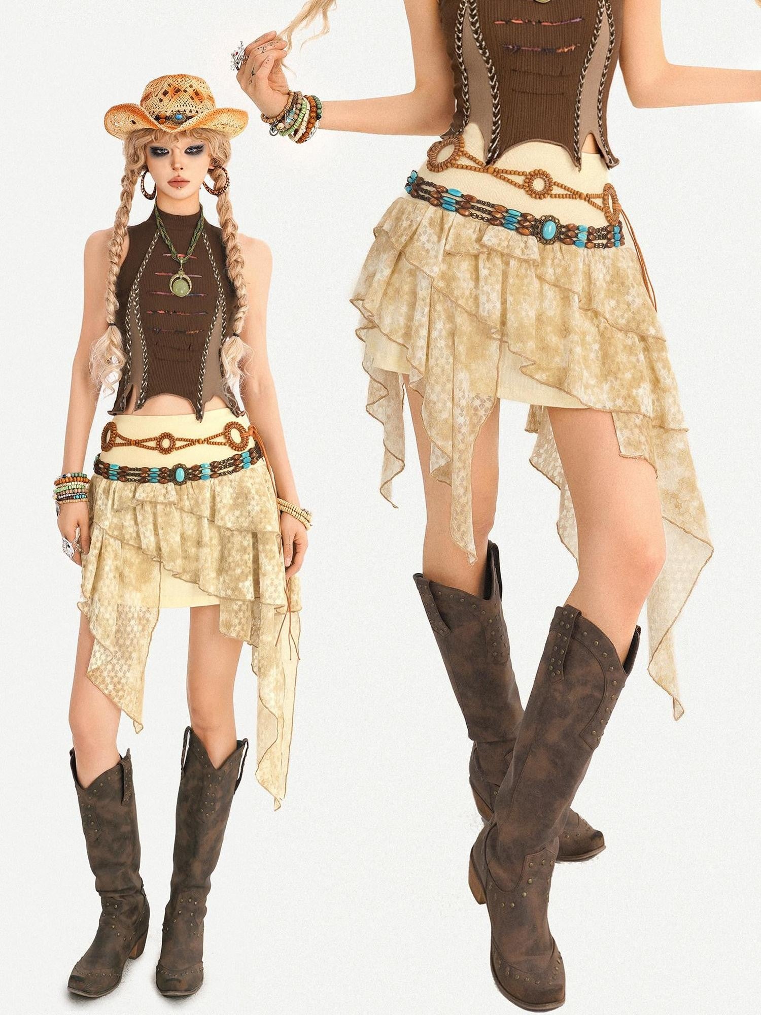 Nico Molly Retro Hippie Asymmetric High Waist Cake Skirt Women's Top & Skirt Sets