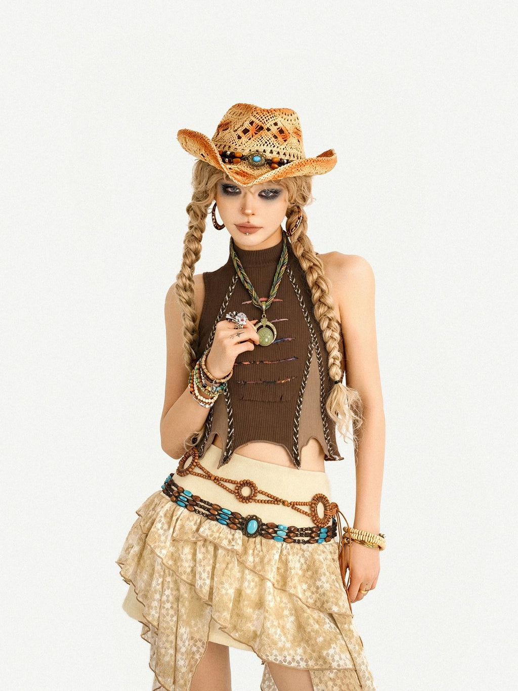 Nico Molly Retro Hippie Asymmetric High Waist Cake Skirt Women's Top & Skirt Sets