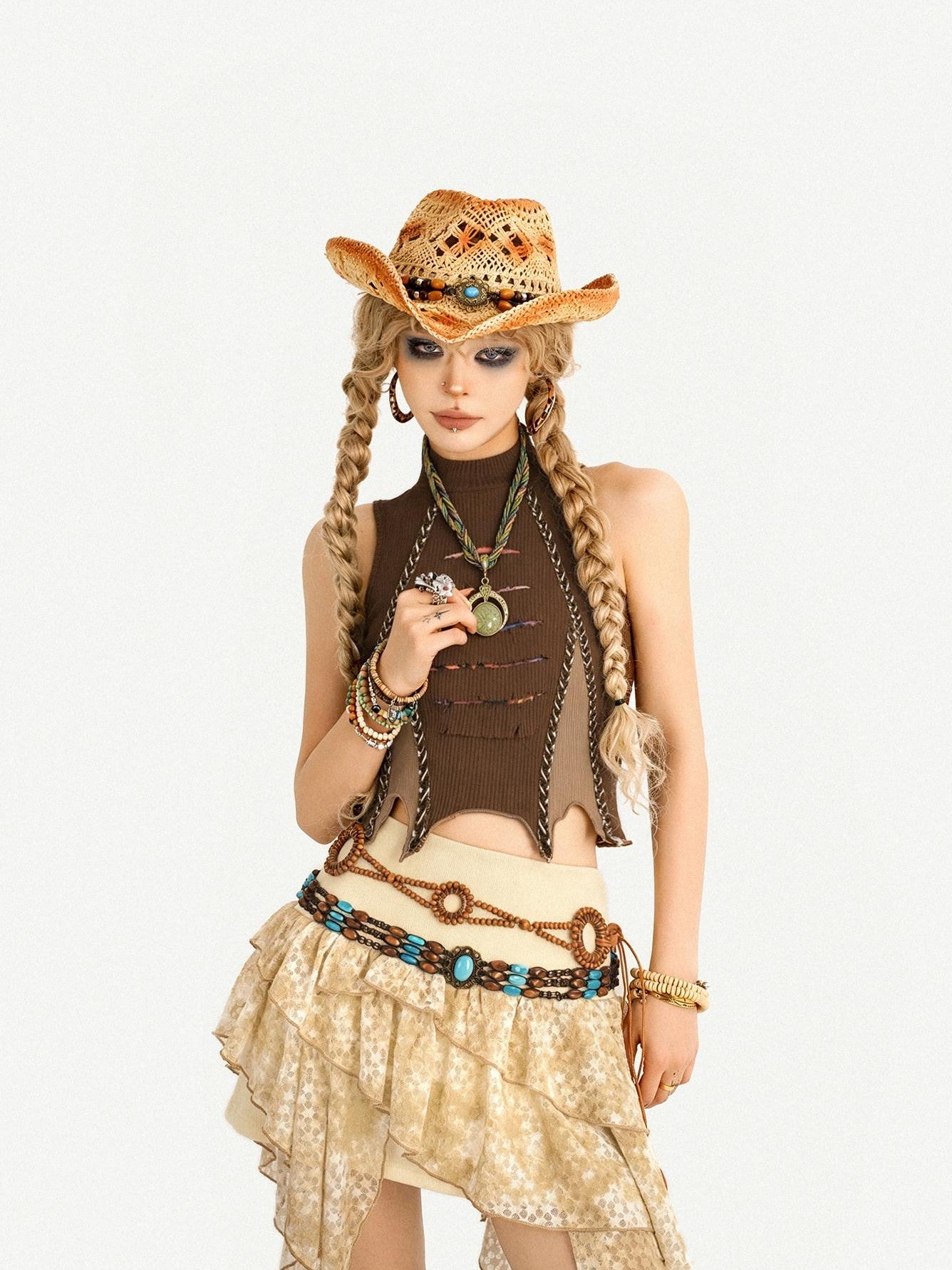 Nico Molly Retro Hippie Asymmetric High Waist Cake Skirt Women's Top & Skirt Sets