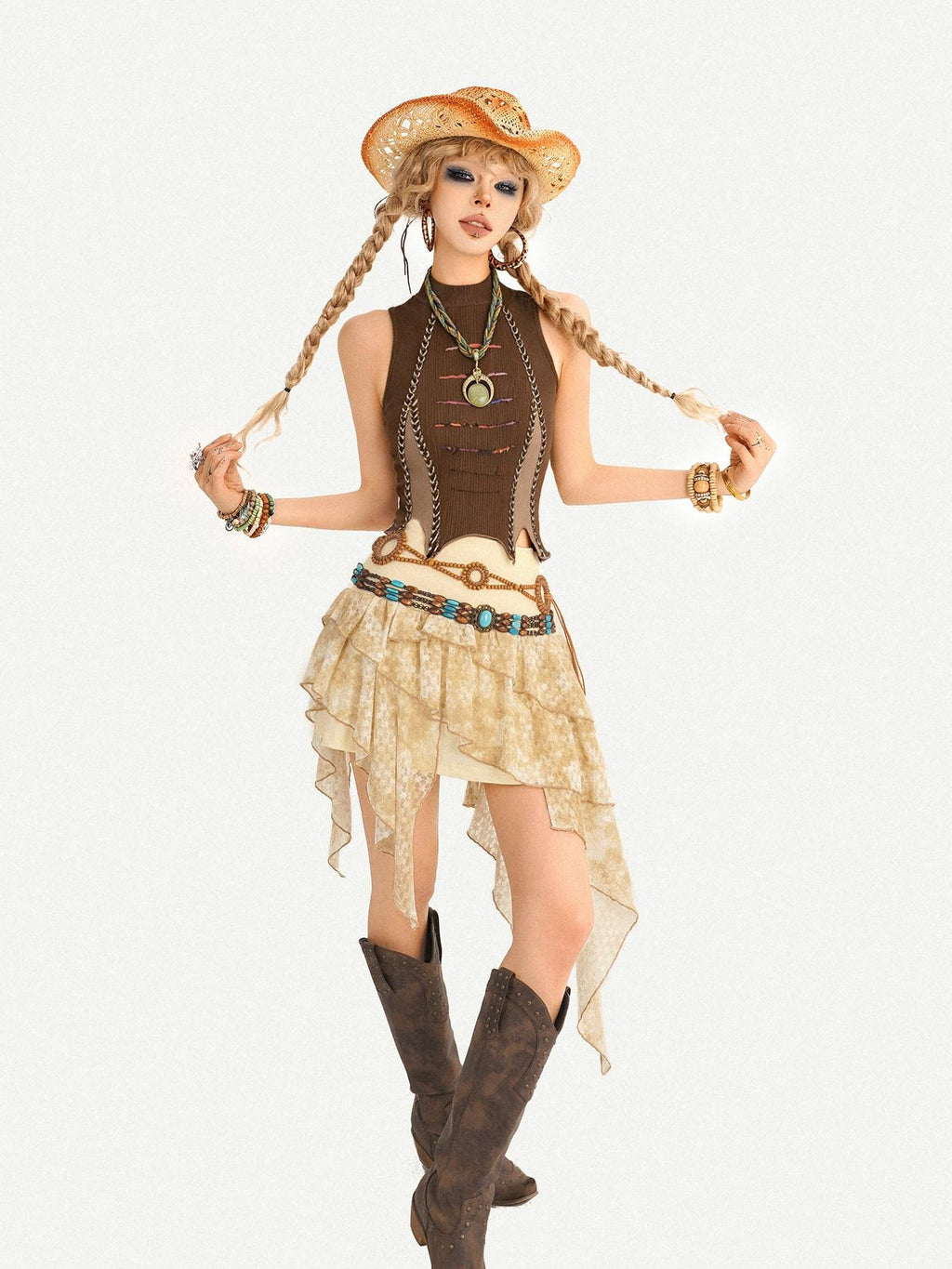 Nico Molly Retro Hippie Asymmetric High Waist Cake Skirt Women's Top & Skirt Sets