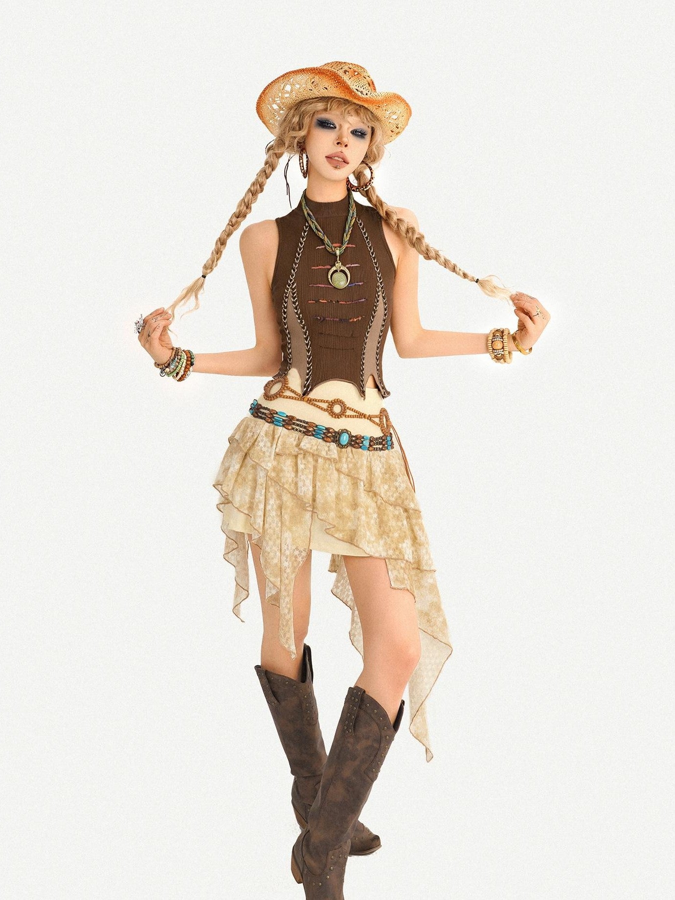 Nico Molly Retro Hippie Asymmetric High Waist Cake Skirt Women's Top & Skirt Sets