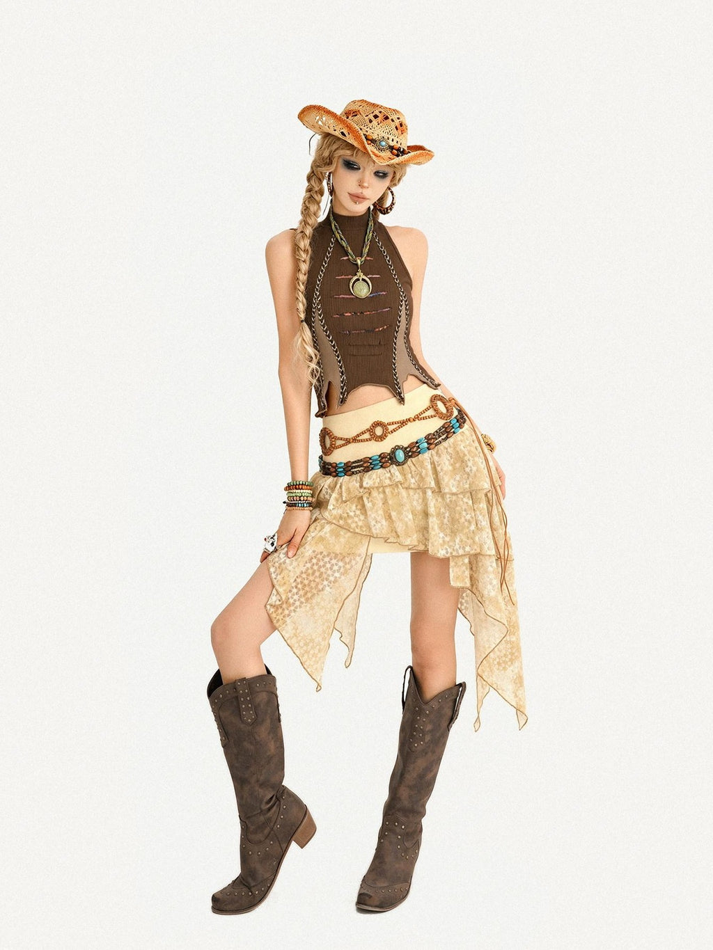 Nico Molly Retro Hippie Asymmetric High Waist Cake Skirt Women's Top & Skirt Sets