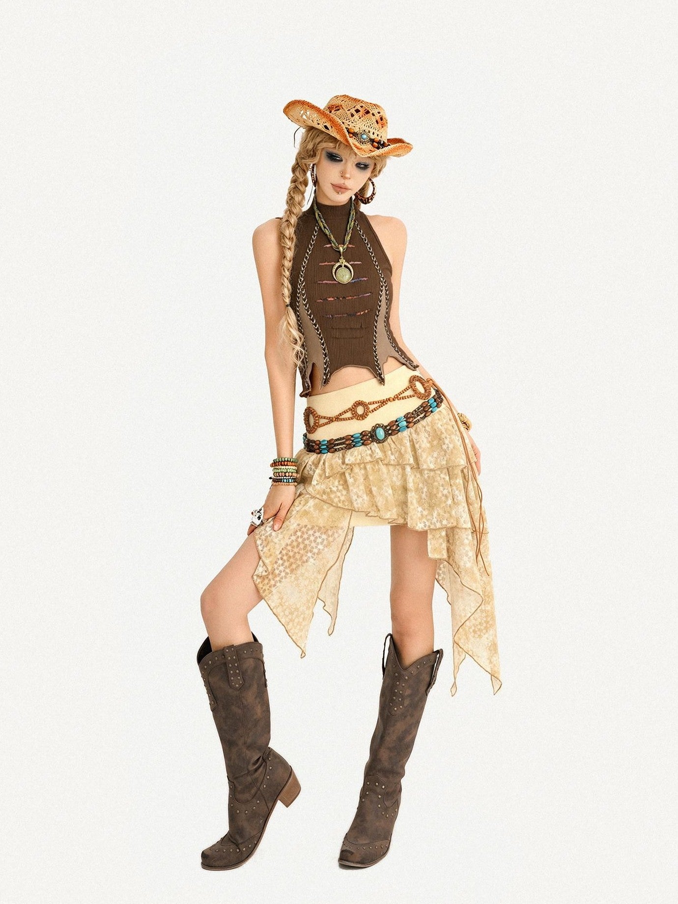 Nico Molly Retro Hippie Asymmetric High Waist Cake Skirt Women's Top & Skirt Sets
